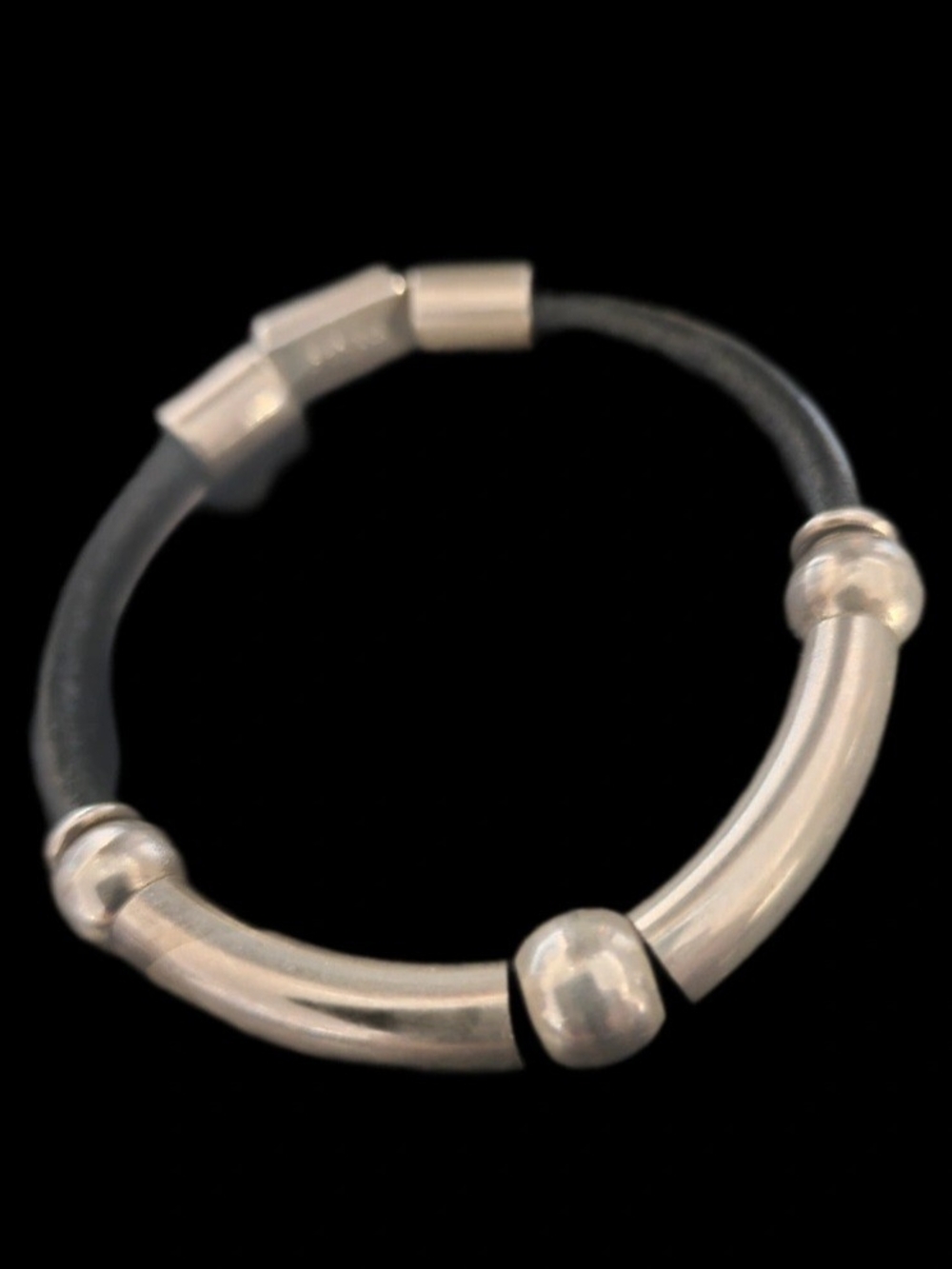 Vintage Taxco 925 Silver Leather Tube Bracelet Modern. Signed. 7"